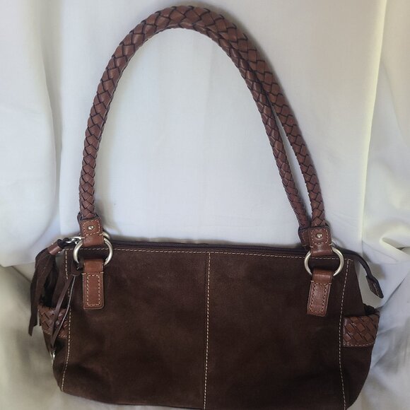 Fossil Brown Suede Leather Shoulder Bag Braided Strap Key Charm Floral Lining - Picture 1 of 7